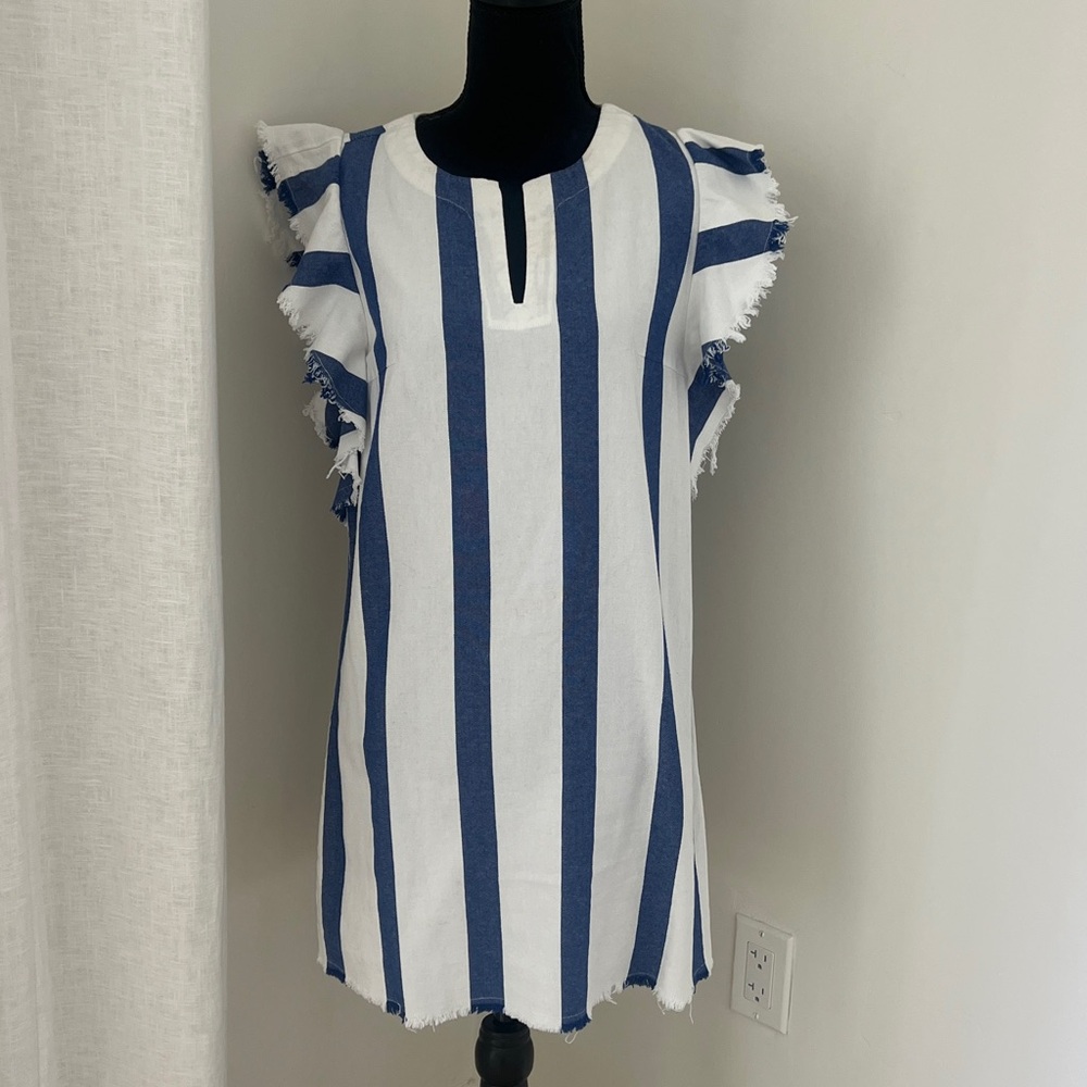 Blue and White Striped Ruffle Sleeve Dress  size Small
